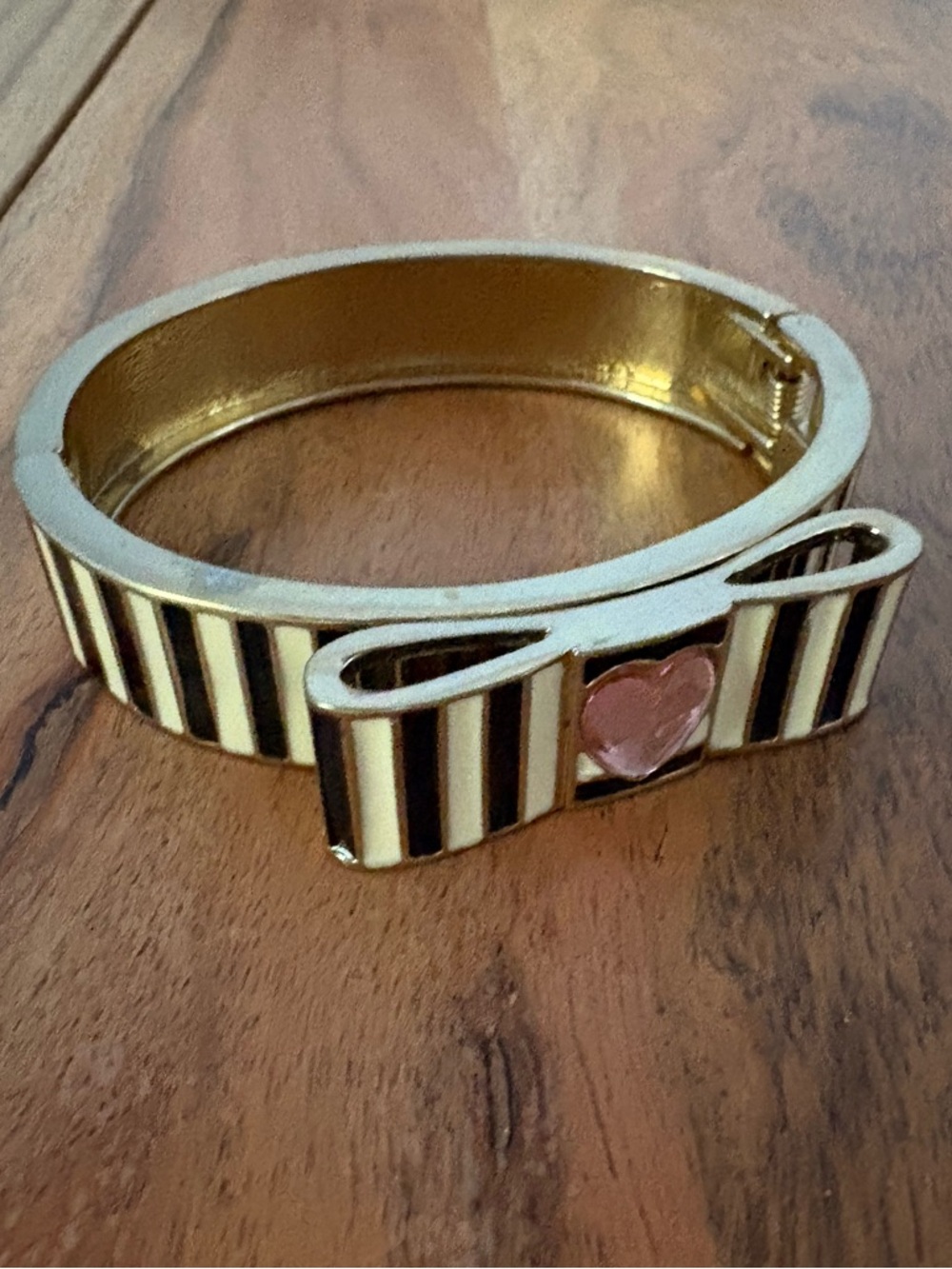 Betsey Johnson Gold Stripe Bow Bracelet with Pink Heart